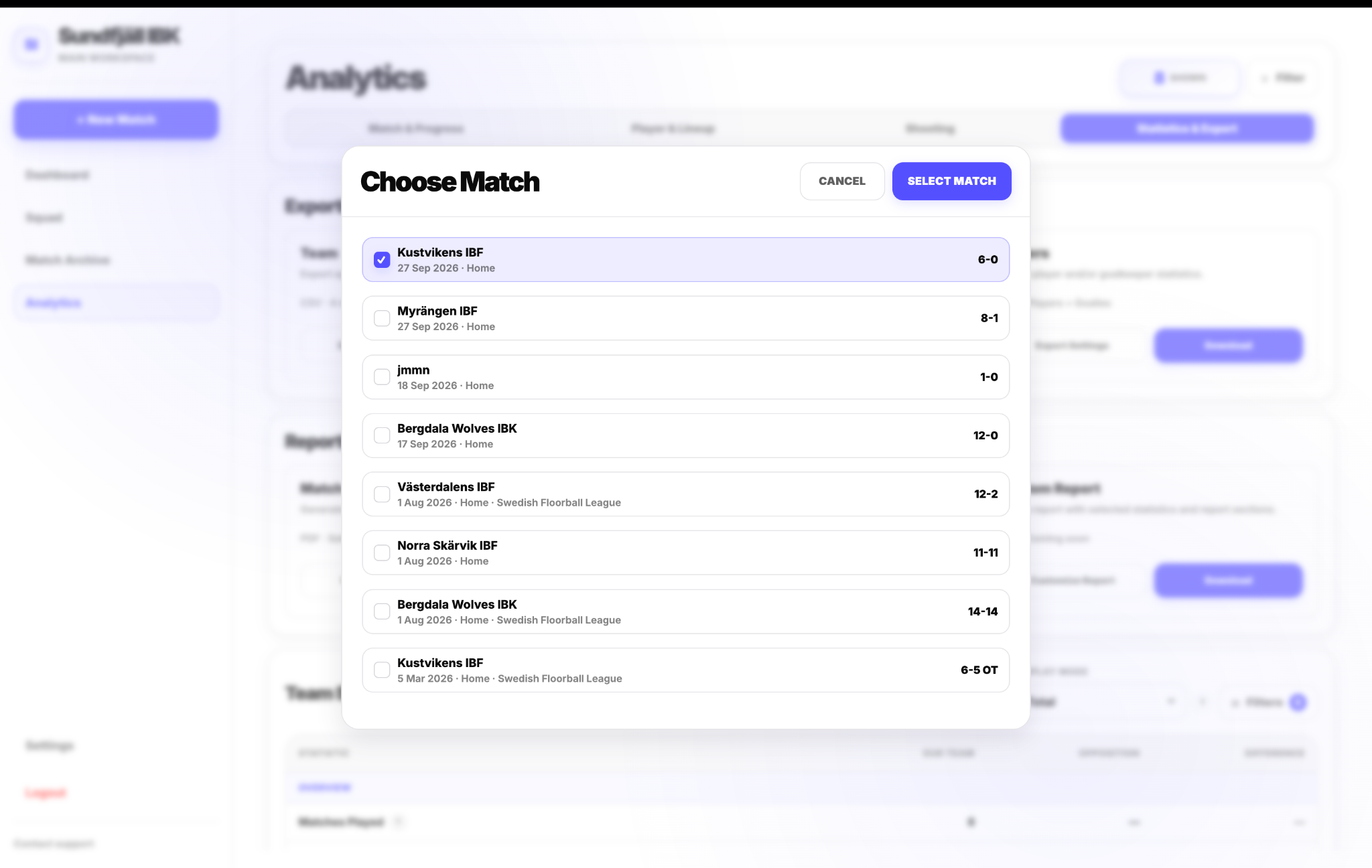 Choose a match for Match Report