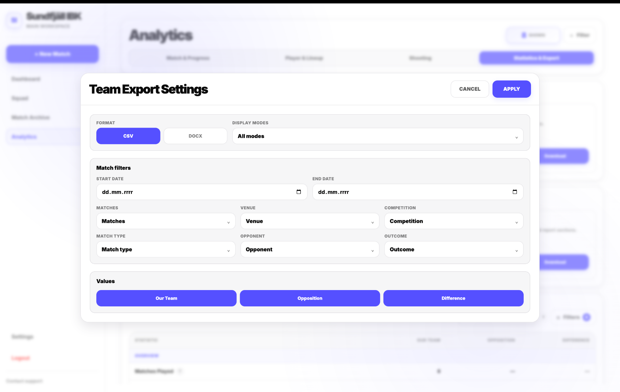 Team Export Settings