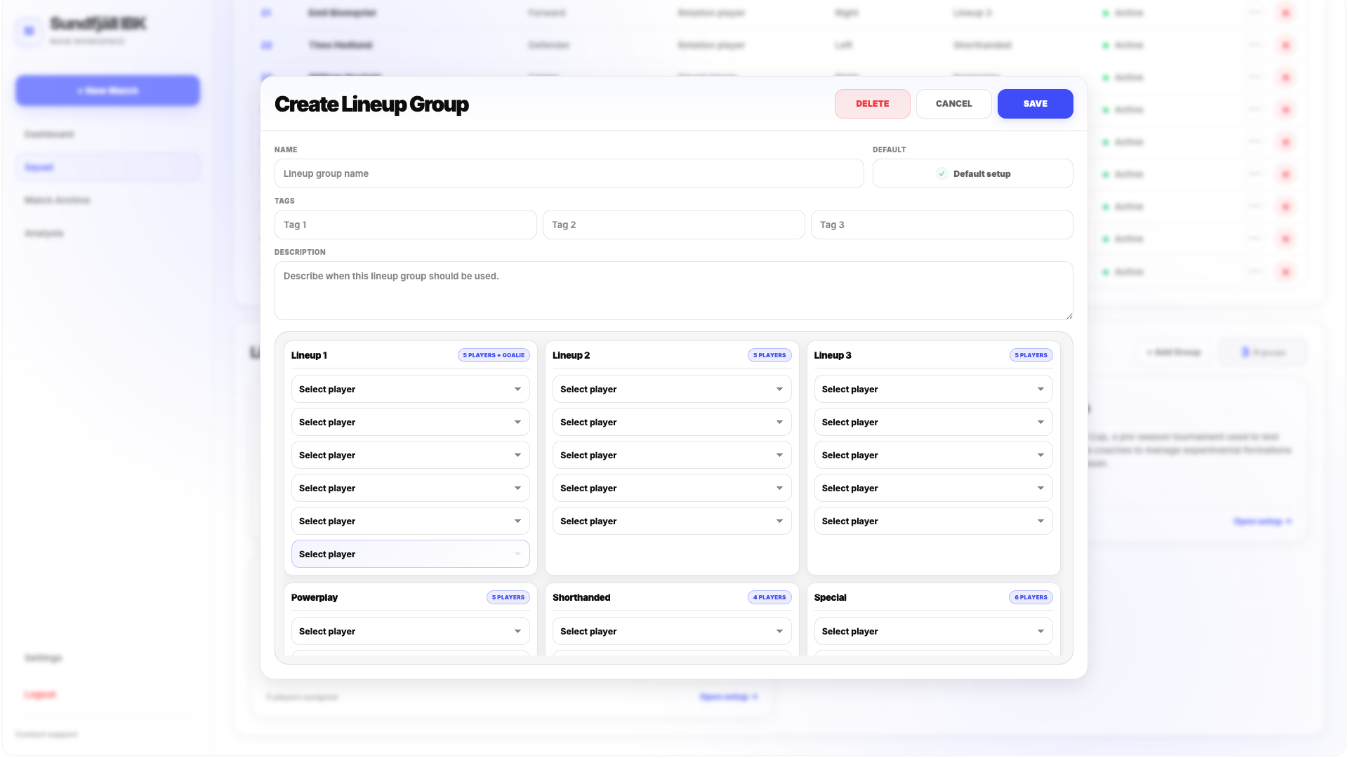 Create Lineup Group popup
